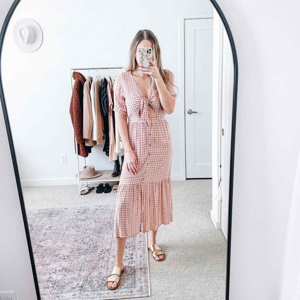 Faithful‎ the Brand Revolve Maple Pink Plaid Cut Out Midi Dress 2 - Picture 13 of 15